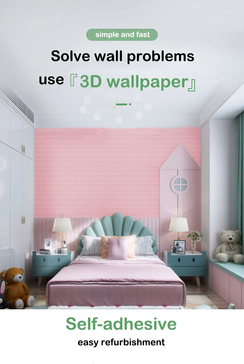 70cm*1m 3D Brick Pattern Wall Panels Wallpaper DIY Waterproof for Living Room Bedroom Kitchen Background Wall Decoration