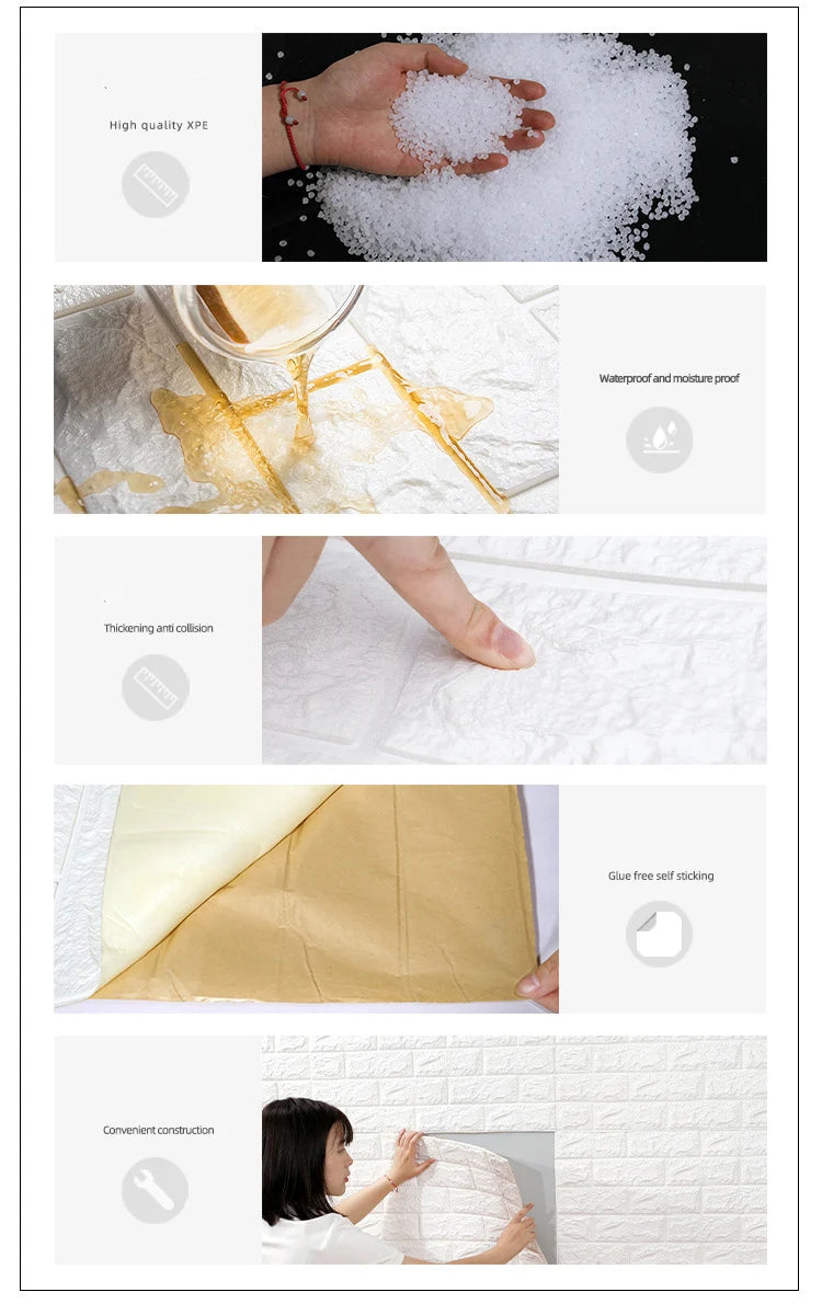 70cm*1m 3D Brick Pattern Wall Panels Wallpaper DIY Waterproof for Living Room Bedroom Kitchen Background Wall Decoration