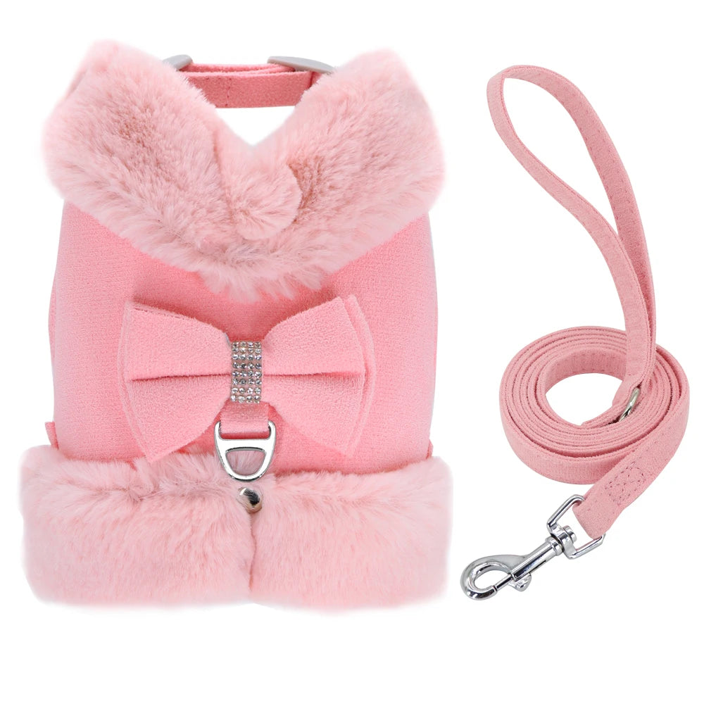 Bowknot Small Dog Cat Harness Leash Set Warm Soft Fur Harness Vest Breathable Puppy Pet Harness Lead For Small Dog Yorkshire Pug