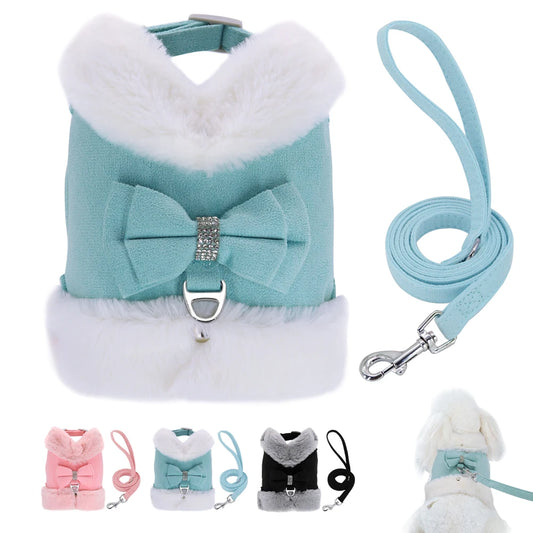 Bowknot Small Dog Cat Harness Leash Set Warm Soft Fur Harness Vest Breathable Puppy Pet Harness Lead For Small Dog Yorkshire Pug
