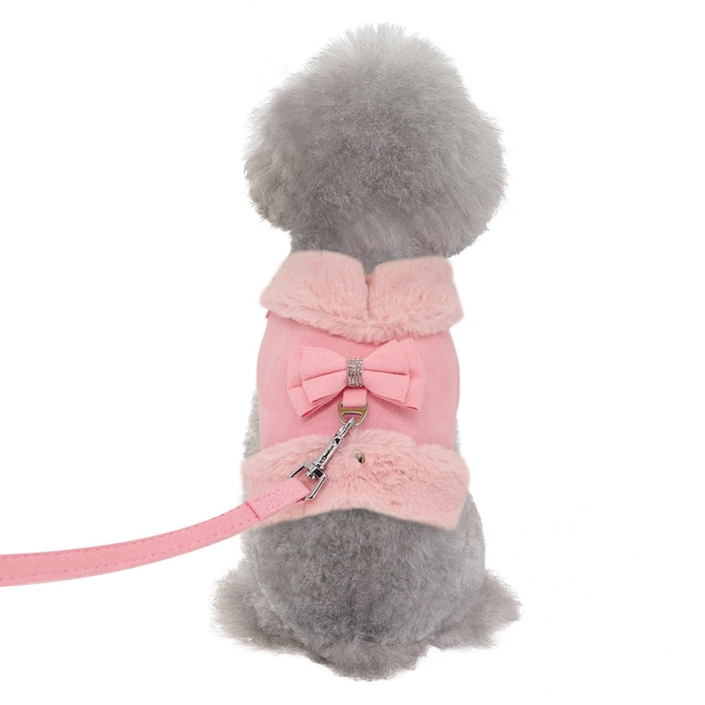 Bowknot Small Dog Cat Harness Leash Set Warm Soft Fur Harness Vest Breathable Puppy Pet Harness Lead For Small Dog Yorkshire Pug
