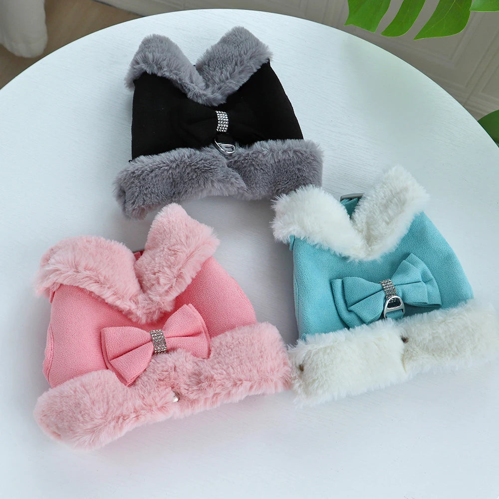 Bowknot Small Dog Cat Harness Leash Set Warm Soft Fur Harness Vest Breathable Puppy Pet Harness Lead For Small Dog Yorkshire Pug
