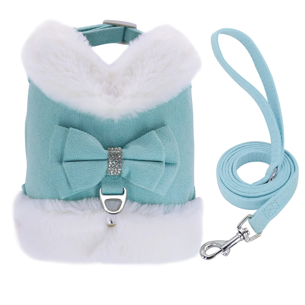 Bowknot Small Dog Cat Harness Leash Set Warm Soft Fur Harness Vest Breathable Puppy Pet Harness Lead For Small Dog Yorkshire Pug
