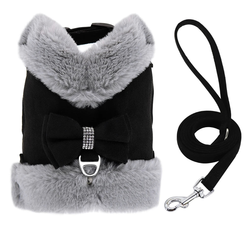 Bowknot Small Dog Cat Harness Leash Set Warm Soft Fur Harness Vest Breathable Puppy Pet Harness Lead For Small Dog Yorkshire Pug
