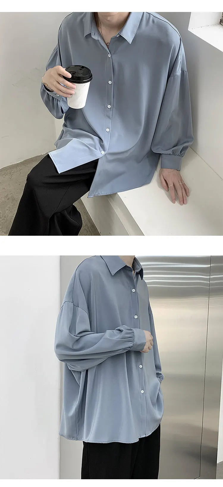 Free Black Tie Long-sleeved Shirts Men Korean Comfortable Blouses Casual Loose Single Breasted Shirt Mens Tshirt