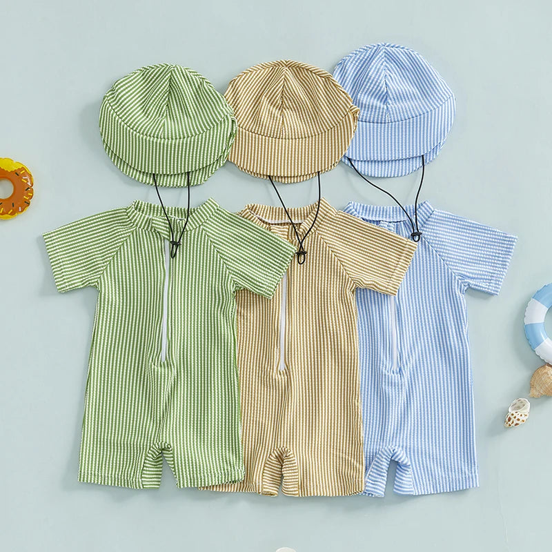Summer Toddler Kids Baby Boy Swimsuits Striped Print Zipper O-neck Short Sleeve Jumpsuits Rash Guard Swimwear Hats Bathing Suits