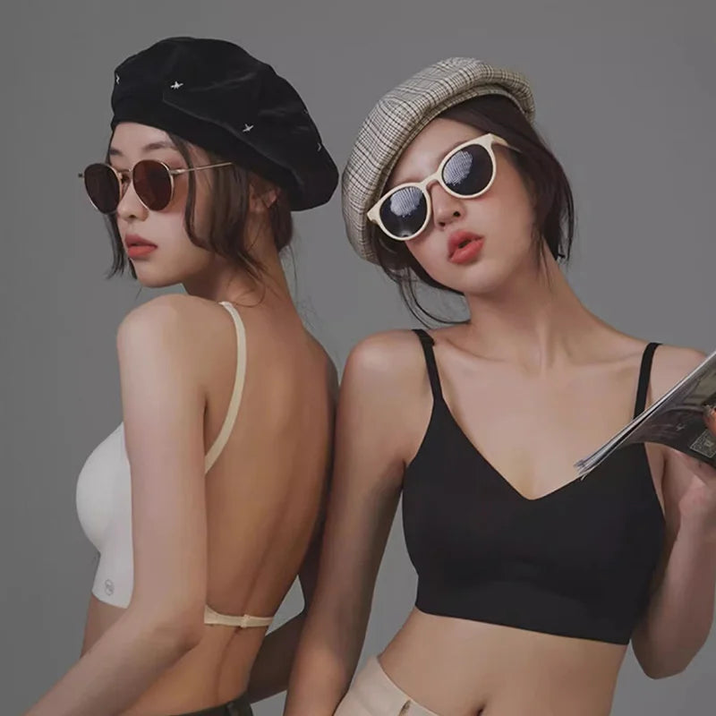 Girl's seamless backless bra with no steel ring small chest gathered on top thick chest cushion bra vest style sexy back bra