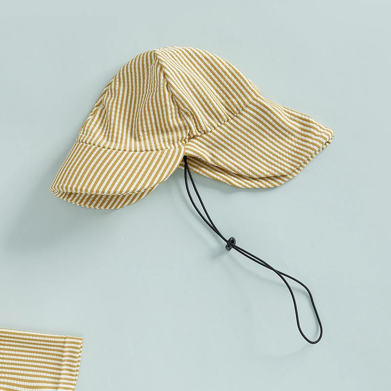 Summer Toddler Kids Baby Boy Swimsuits Striped Print Zipper O-neck Short Sleeve Jumpsuits Rash Guard Swimwear Hats Bathing Suits