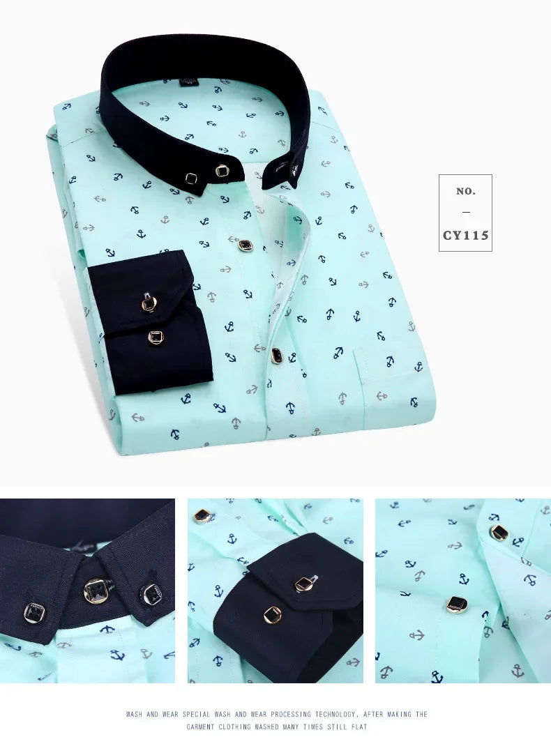 New Men's Printed Long Sleeve Shirt Youth Plaid Versatile Shirt Casual Fashion Floral Inch Shirt Iron-free Process