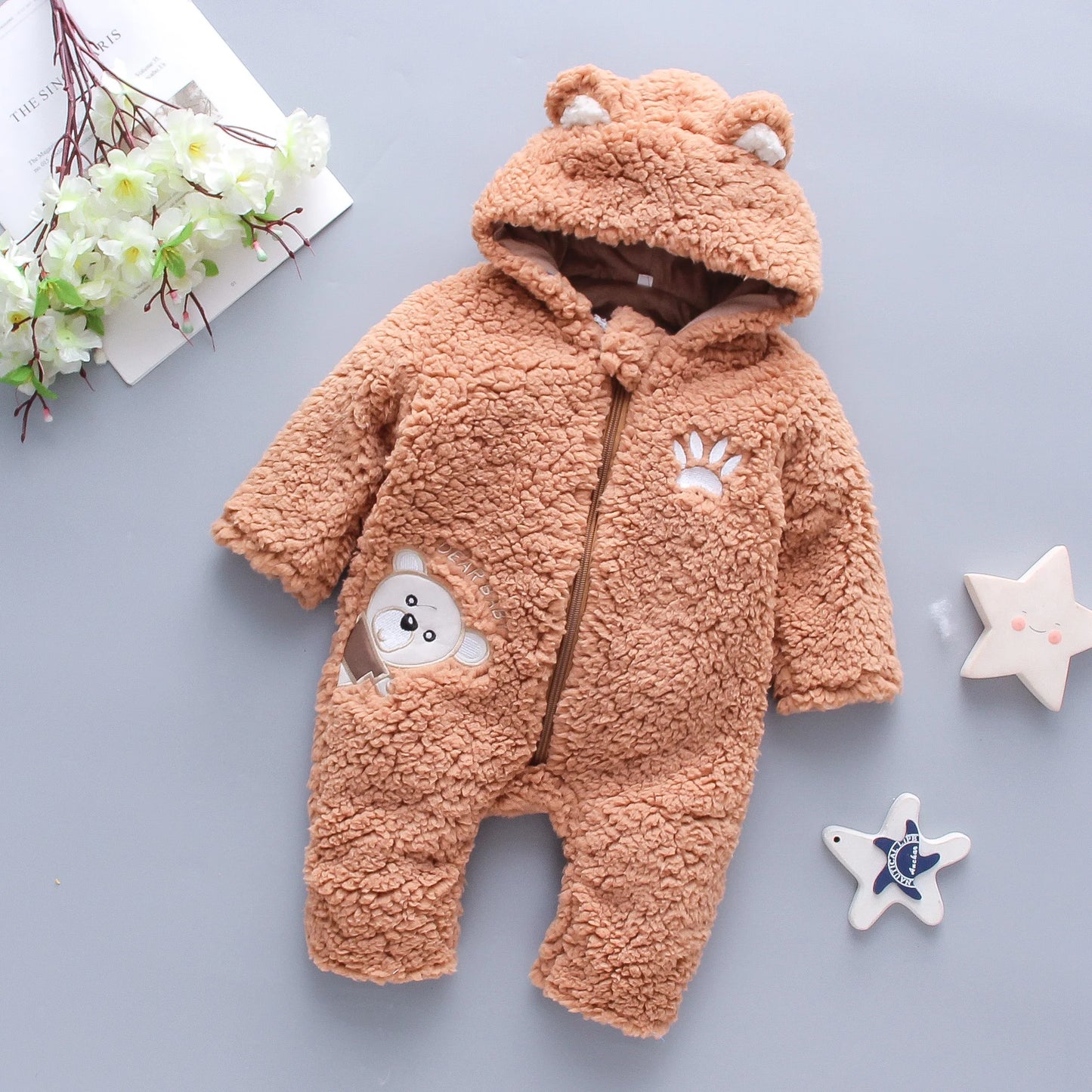 Lamb hair cartoon bear embroidered baby jumpsuit winter new girl baby long sleeved crawling suit thickened girl
