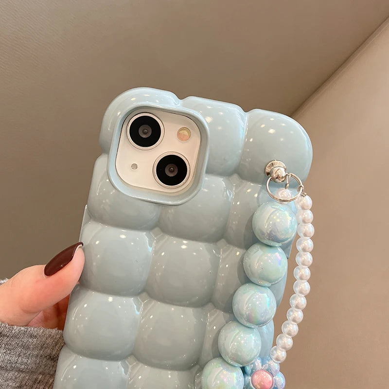 Luxury Pearl Bracelet Chain 3D Ice Lattice Case For iPhone 13 Pro Max 16 15 14 11 12 Shockproof Phone Back Cover Funda
