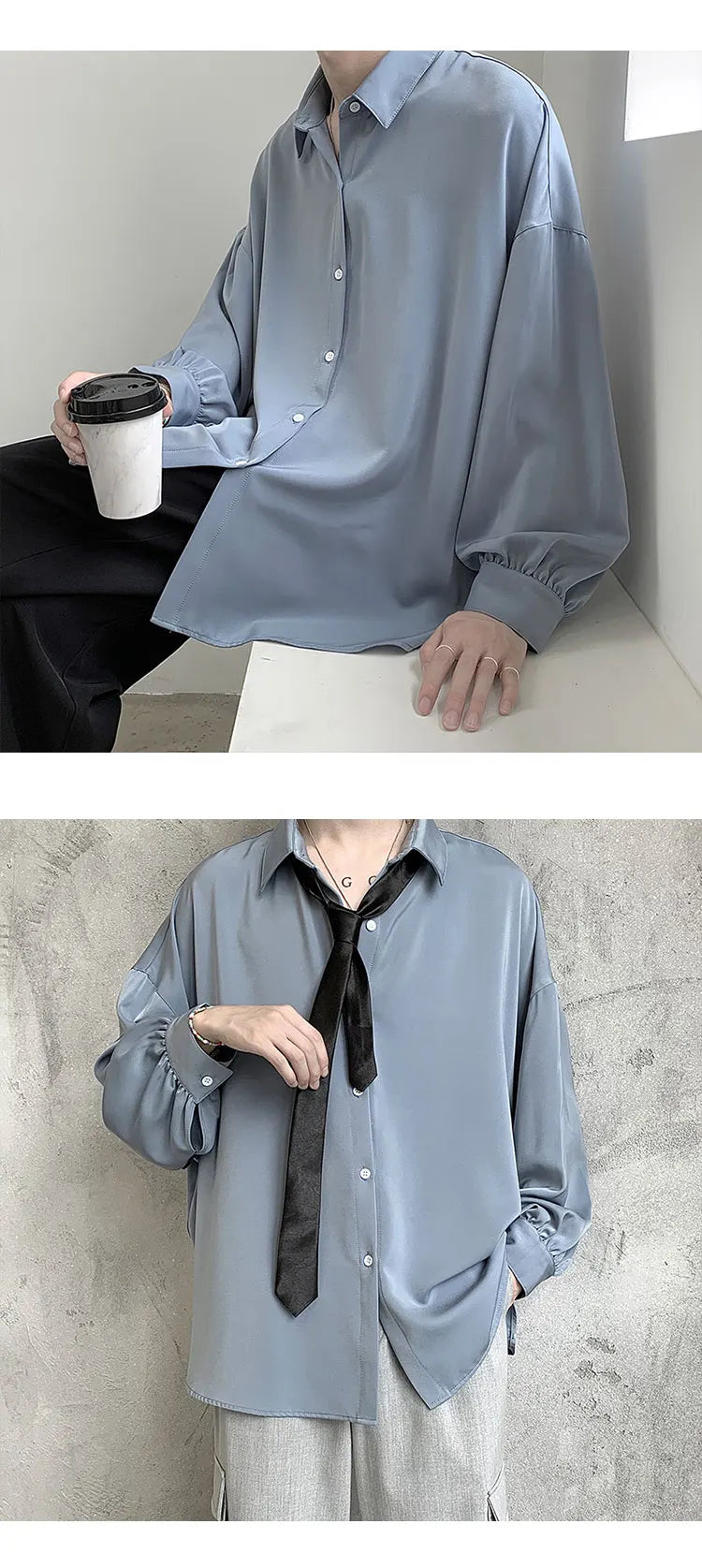 Free Black Tie Long-sleeved Shirts Men Korean Comfortable Blouses Casual Loose Single Breasted Shirt Mens Tshirt
