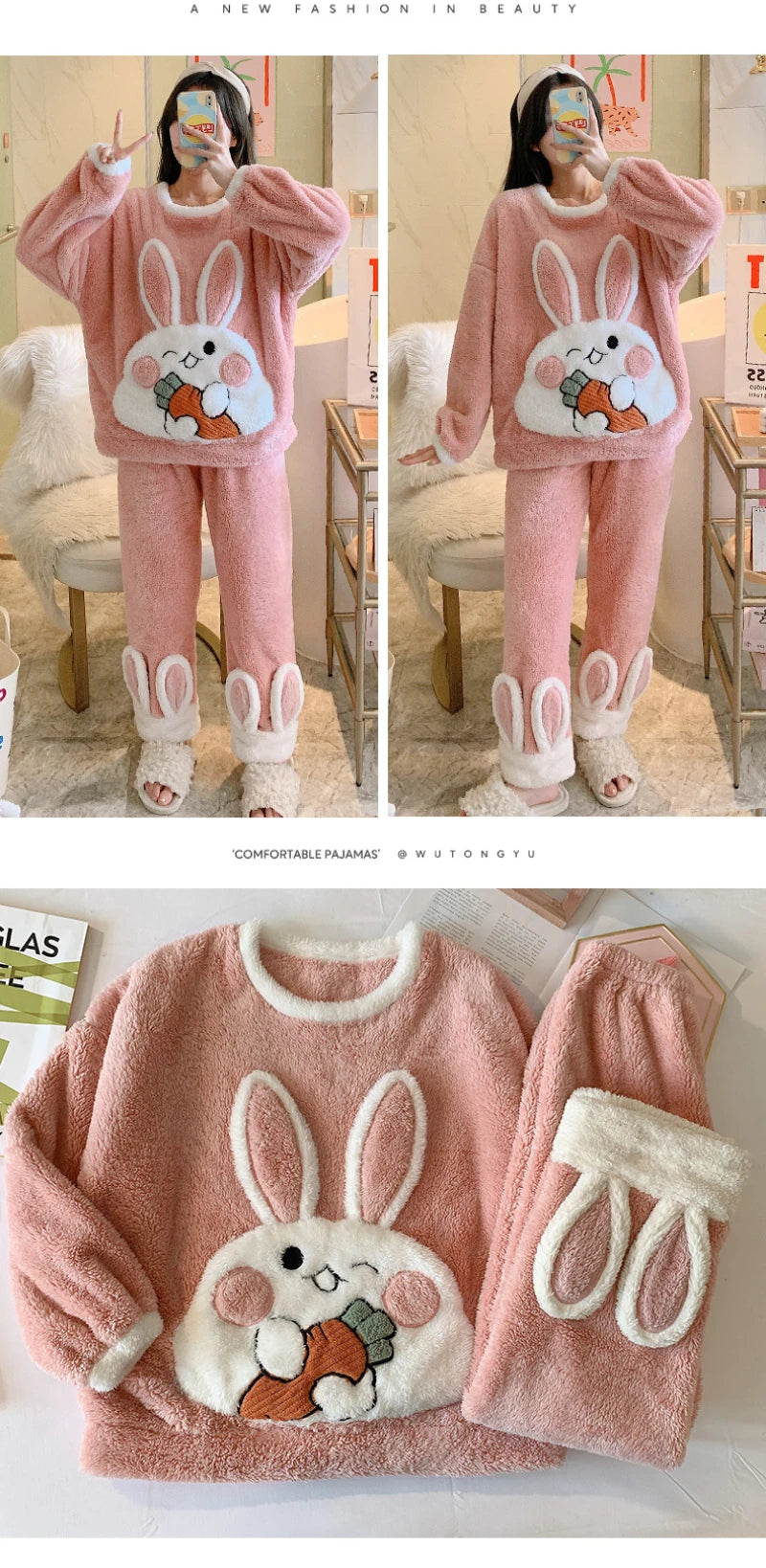Pajamas Set Women Cute Bunny Coral Fleece Warm Sleepwear Home Clothes Girls Kawaii Cartoon Pijama 2 Piece