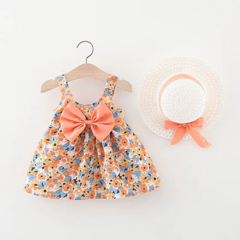 2Pcs/SetChildren's clothing girl's dress summer new Korean version suspender bow flower beach skirt with the same hat