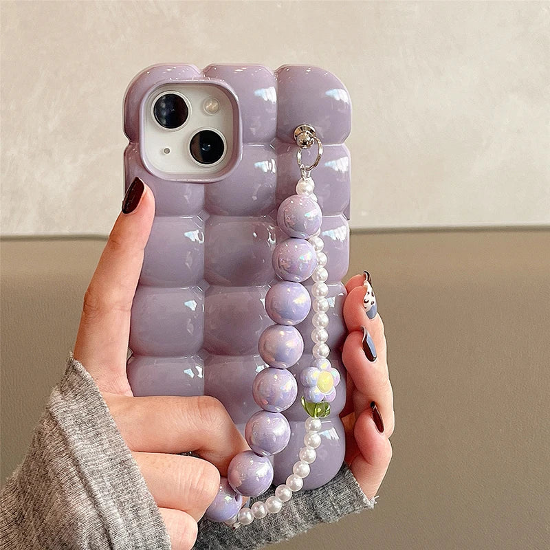 Luxury Pearl Bracelet Chain 3D Ice Lattice Case For iPhone 13 Pro Max 16 15 14 11 12 Shockproof Phone Back Cover Funda