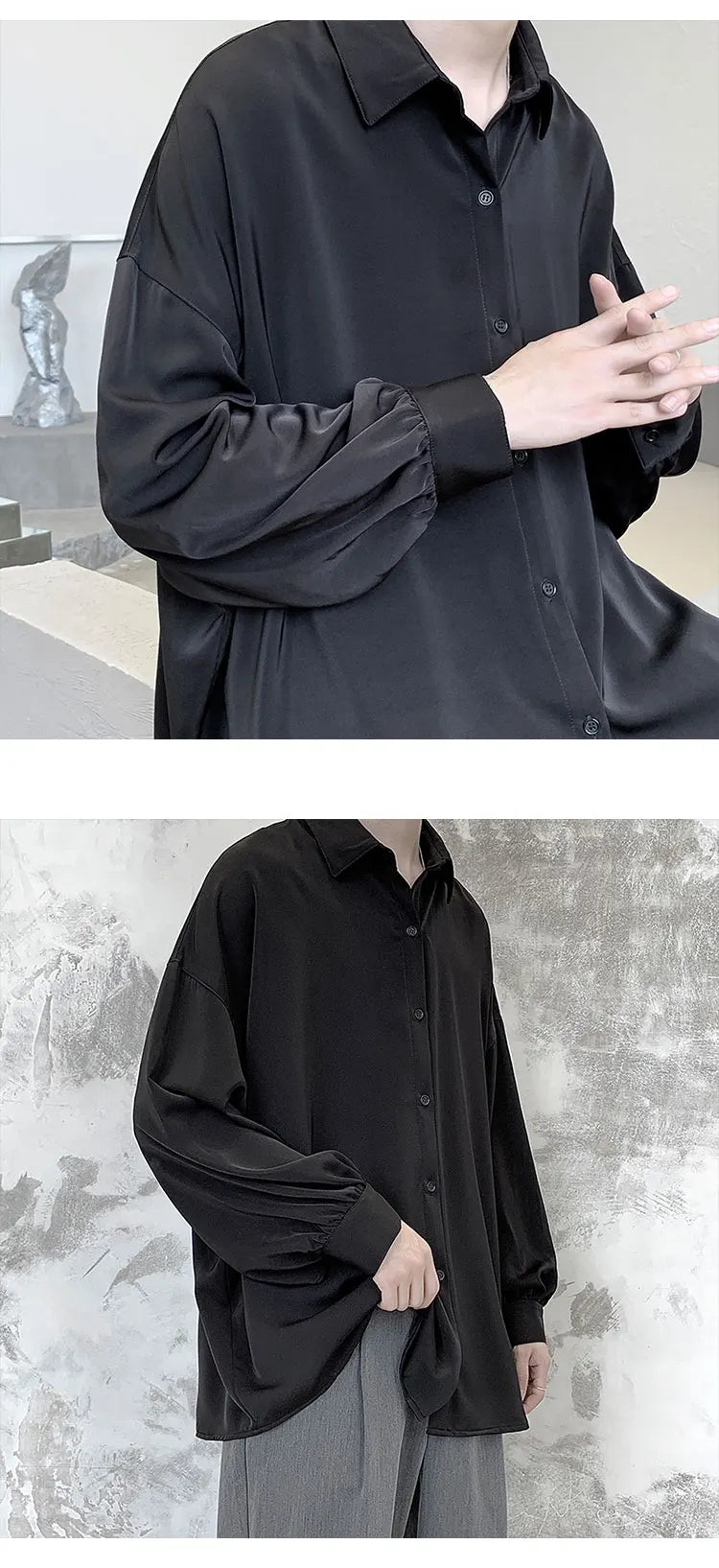 Free Black Tie Long-sleeved Shirts Men Korean Comfortable Blouses Casual Loose Single Breasted Shirt Mens Tshirt