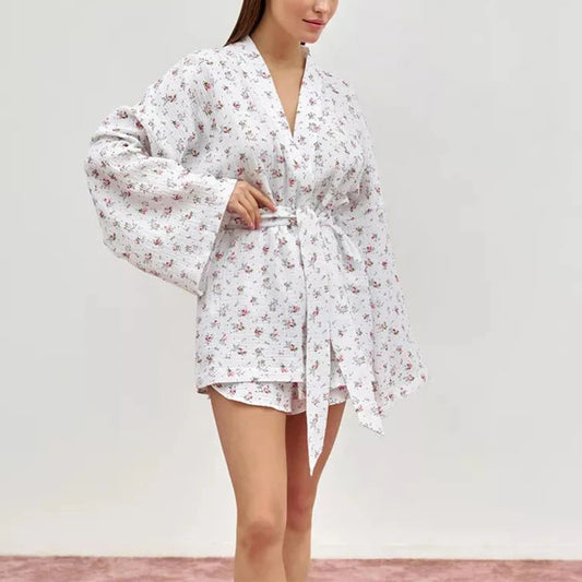 Women's Pajamas With Belt Casual Long-sleeved Shorts Pants Sleepwear Pyjama Nightwear Home Wear