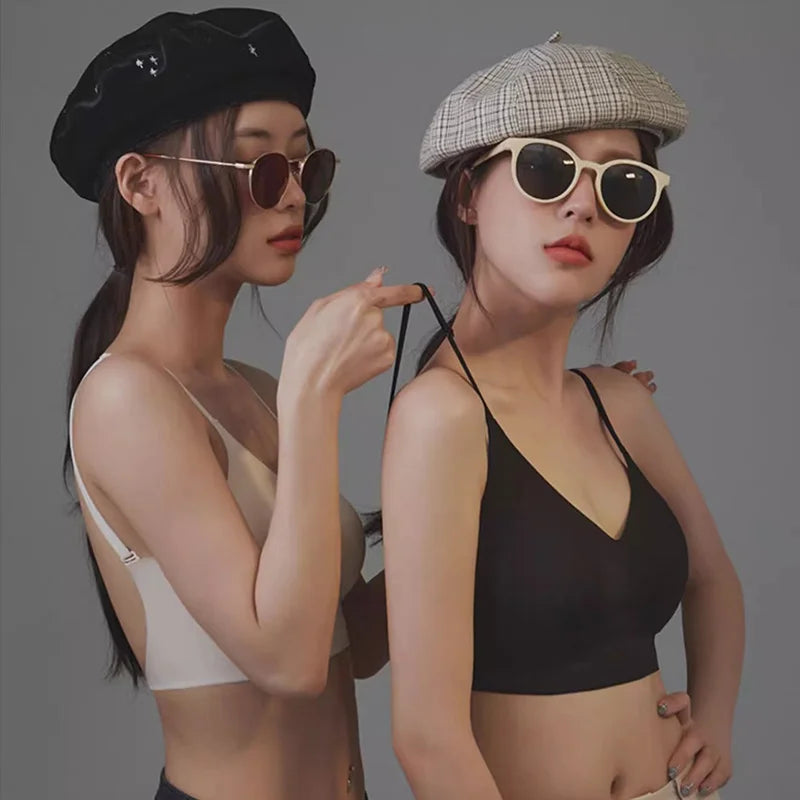 Girl's seamless backless bra with no steel ring small chest gathered on top thick chest cushion bra vest style sexy back bra