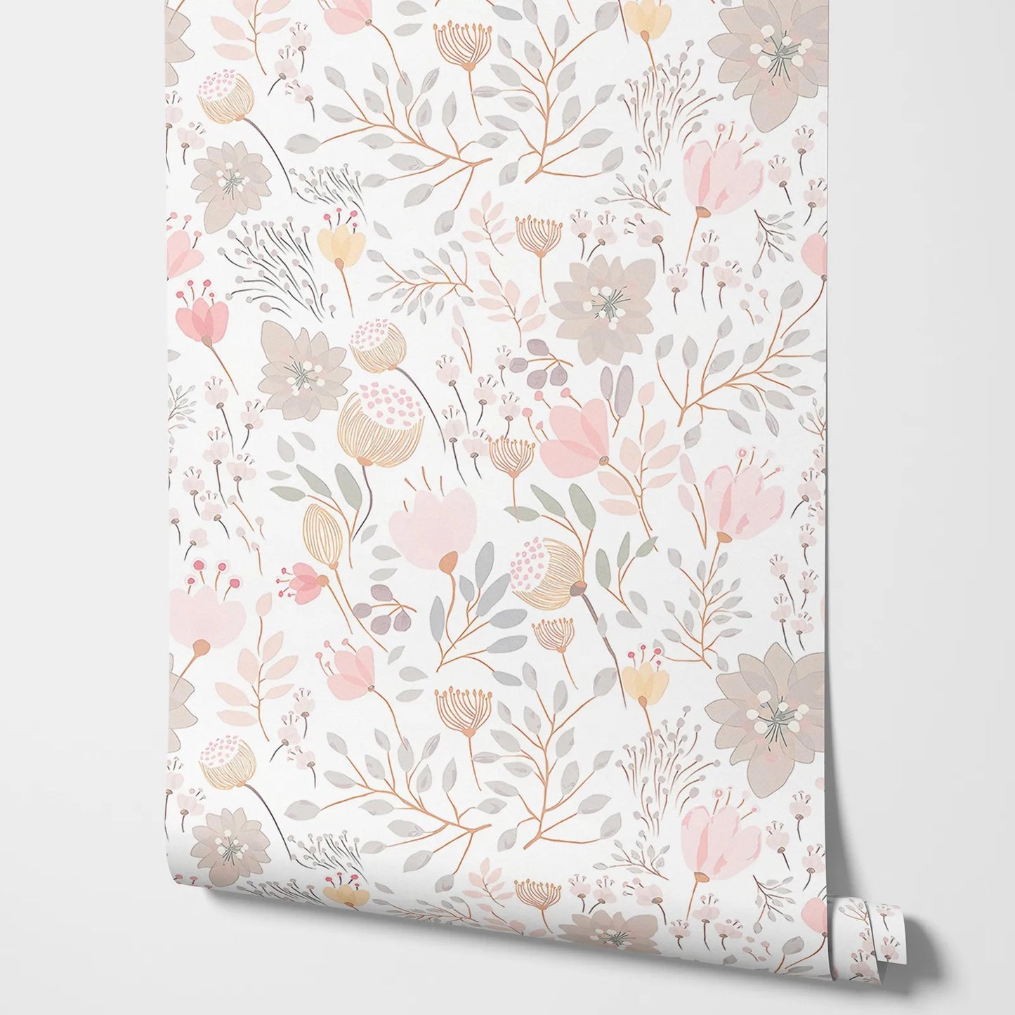 Boho Garden Flowers Peel and Stick Wallpaper - Pastel Blush Floral Wall Decal Print - Botanical Self Adhesive Wall Mural 50*300