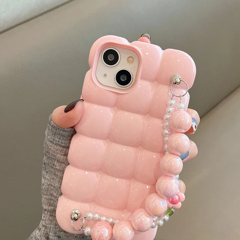 Luxury Pearl Bracelet Chain 3D Ice Lattice Case For iPhone 13 Pro Max 16 15 14 11 12 Shockproof Phone Back Cover Funda