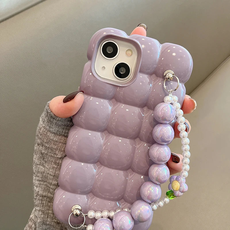 Luxury Pearl Bracelet Chain 3D Ice Lattice Case For iPhone 13 Pro Max 16 15 14 11 12 Shockproof Phone Back Cover Funda