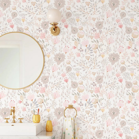 Boho Garden Flowers Peel and Stick Wallpaper - Pastel Blush Floral Wall Decal Print - Botanical Self Adhesive Wall Mural 50*300