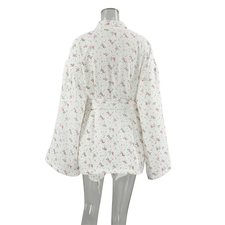 Women's Pajamas With Belt Casual Long-sleeved Shorts Pants Sleepwear Pyjama Nightwear Home Wear