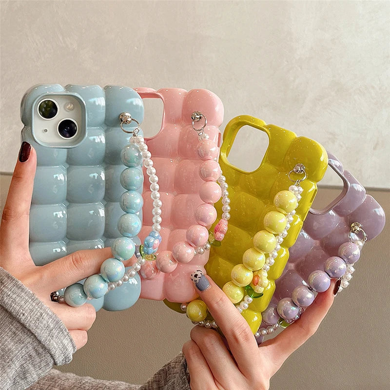 Luxury Pearl Bracelet Chain 3D Ice Lattice Case For iPhone 13 Pro Max 16 15 14 11 12 Shockproof Phone Back Cover Funda