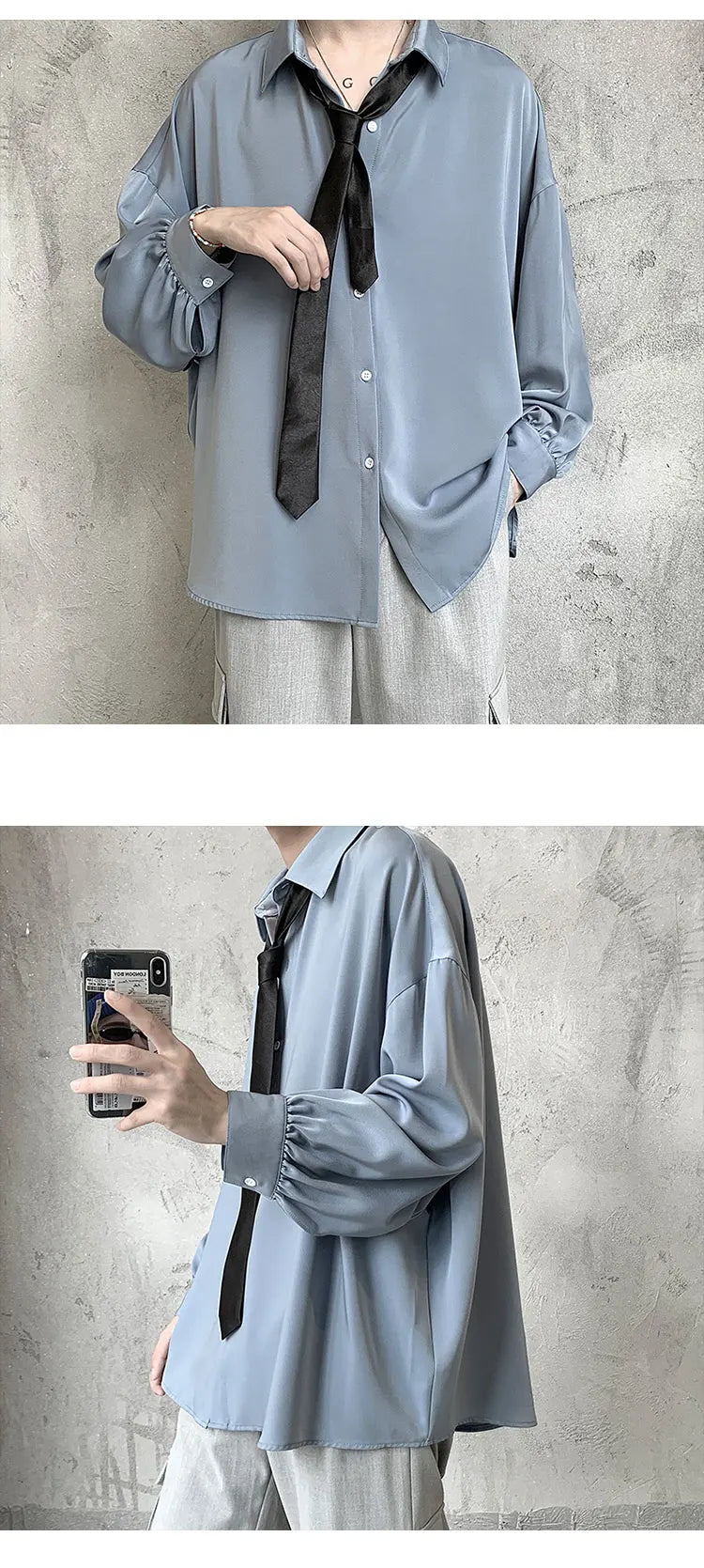 Free Black Tie Long-sleeved Shirts Men Korean Comfortable Blouses Casual Loose Single Breasted Shirt Mens Tshirt