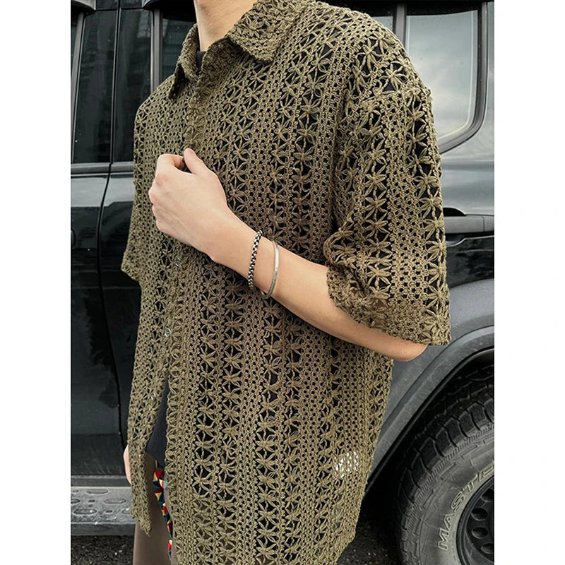 Fashion Army Green Knitted Hollow out Shirt Men Streetwear Transparent Lapel Short Sleeve
