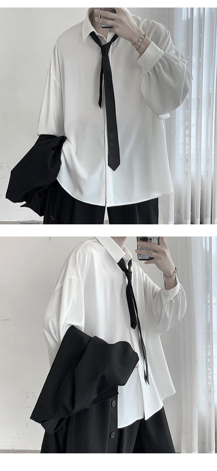 Free Black Tie Long-sleeved Shirts Men Korean Comfortable Blouses Casual Loose Single Breasted Shirt Mens Tshirt