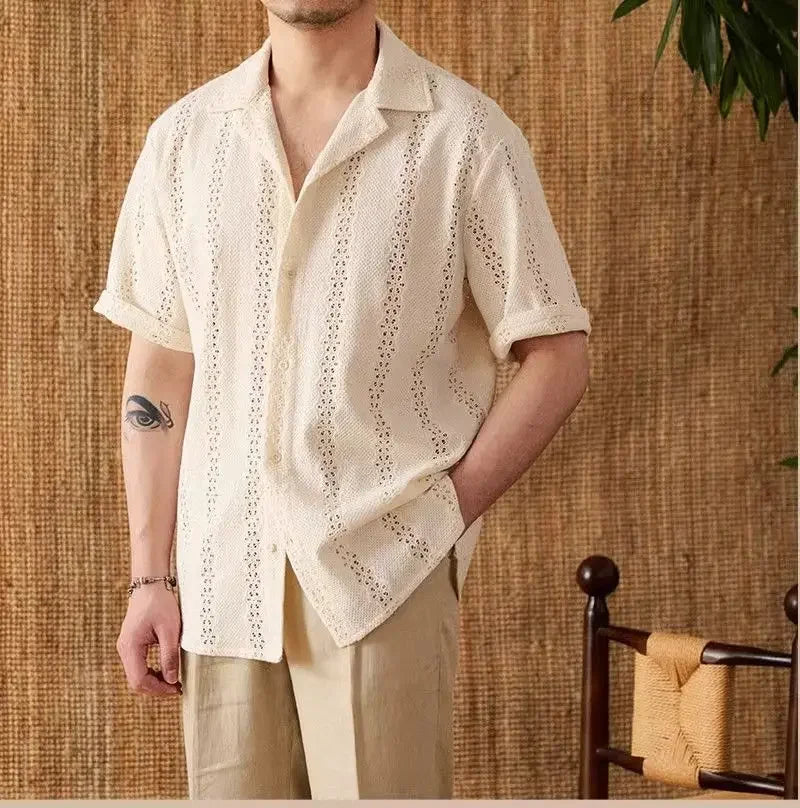 Summer Thin Jacket Short-sleeved Shirt Mature Hollow Versatile Vacation Cuban Collar Casual Shirt Men