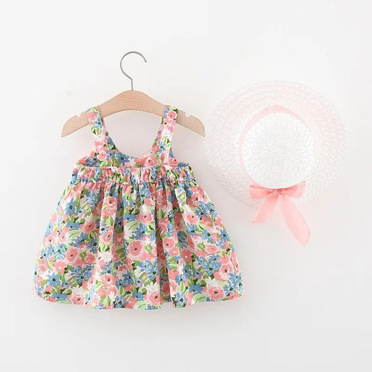 2Pcs/SetChildren's clothing girl's dress summer new Korean version suspender bow flower beach skirt with the same hat