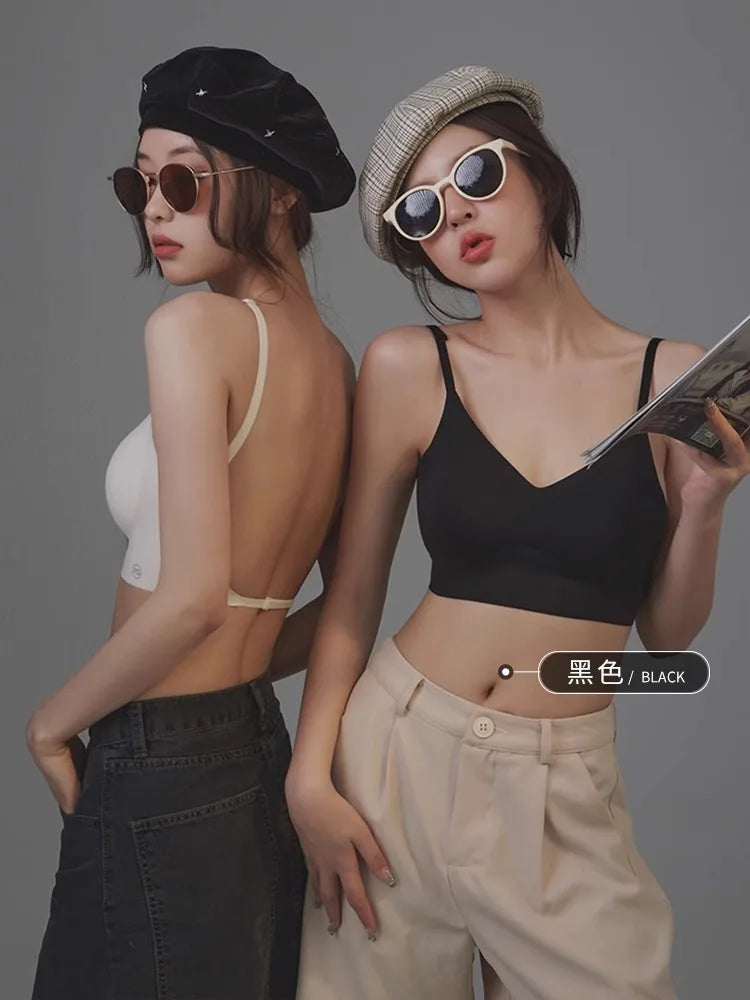 Girl's seamless backless bra with no steel ring small chest gathered on top thick chest cushion bra vest style sexy back bra