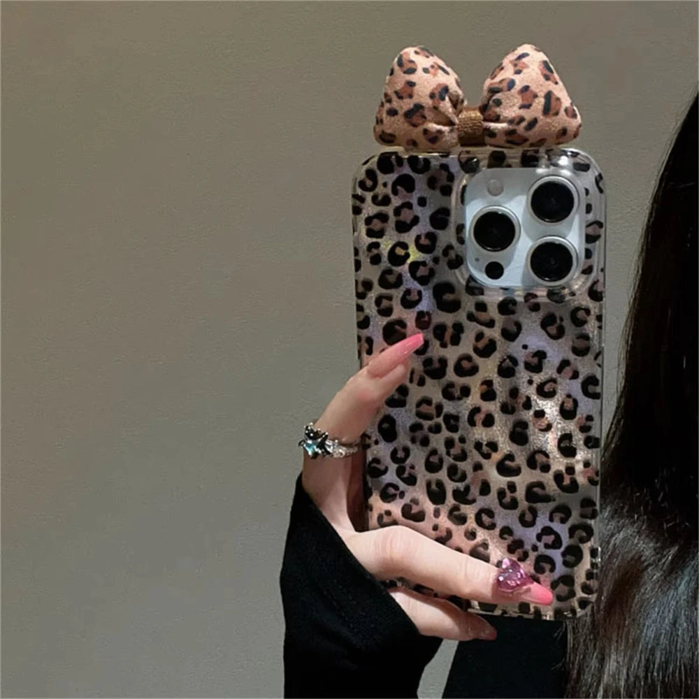 Korean Stylish Leopard Print Laser Phone Case For Iphone 16 15 14 11 13 12 Pro Max 14 Plus Luxury Rhinestone Bowknot Soft Cover