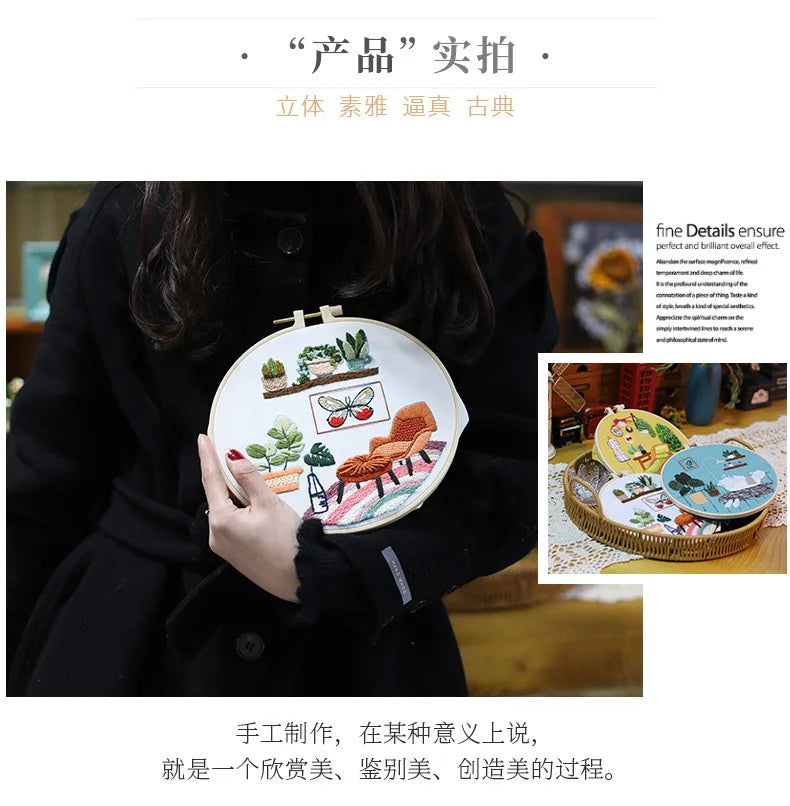 DIY Embroidery Kits Beginner Handmade Needlework Crafts Set Embroidery Hoop Fancywork Sewing Needle Cross Stitch Decor Painting