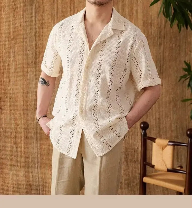 Summer Thin Jacket Short-sleeved Shirt Mature Hollow Versatile Vacation Cuban Collar Casual Shirt Men