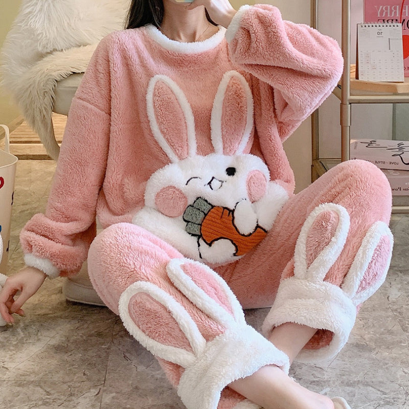 Pajamas Set Women Cute Bunny Coral Fleece Warm Sleepwear Home Clothes Girls Kawaii Cartoon Pijama 2 Piece