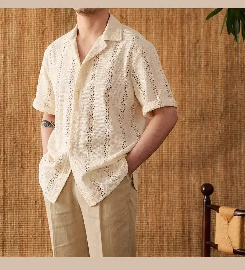 Summer Thin Jacket Short-sleeved Shirt Mature Hollow Versatile Vacation Cuban Collar Casual Shirt Men