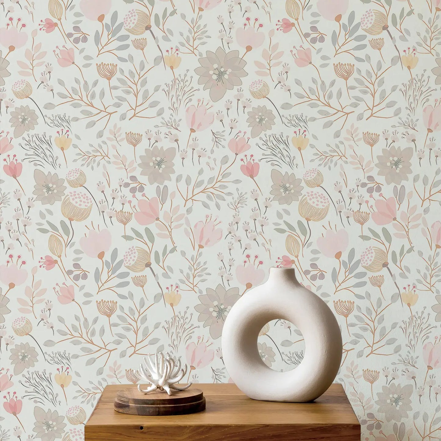 Boho Garden Flowers Peel and Stick Wallpaper - Pastel Blush Floral Wall Decal Print - Botanical Self Adhesive Wall Mural 50*300