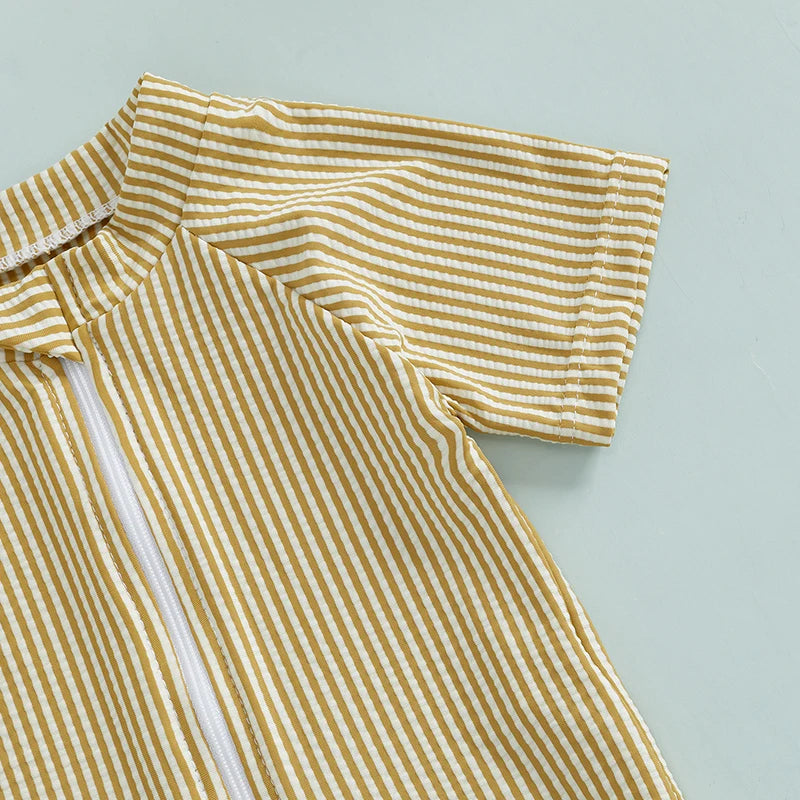 Summer Toddler Kids Baby Boy Swimsuits Striped Print Zipper O-neck Short Sleeve Jumpsuits Rash Guard Swimwear Hats Bathing Suits