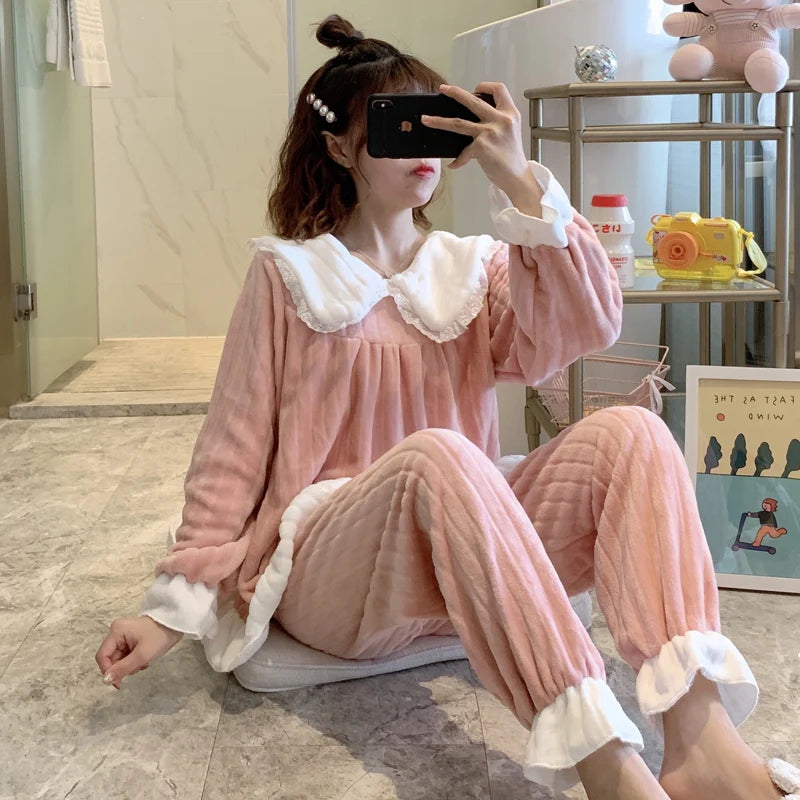 Pajamas Set Women Cute Bunny Coral Fleece Warm Sleepwear Home Clothes Girls Kawaii Cartoon Pijama 2 Piece