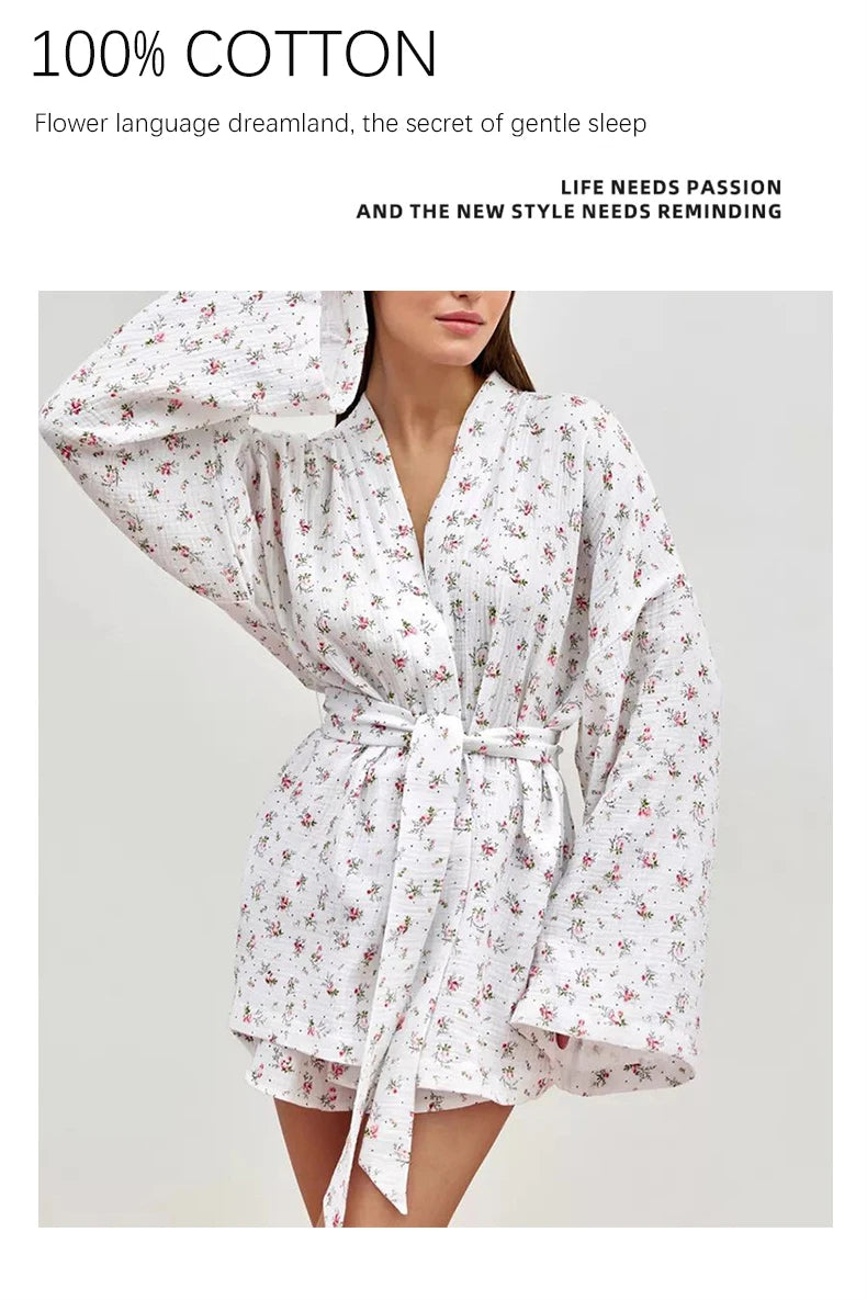 Women's Pajamas With Belt Casual Long-sleeved Shorts Pants Sleepwear Pyjama Nightwear Home Wear