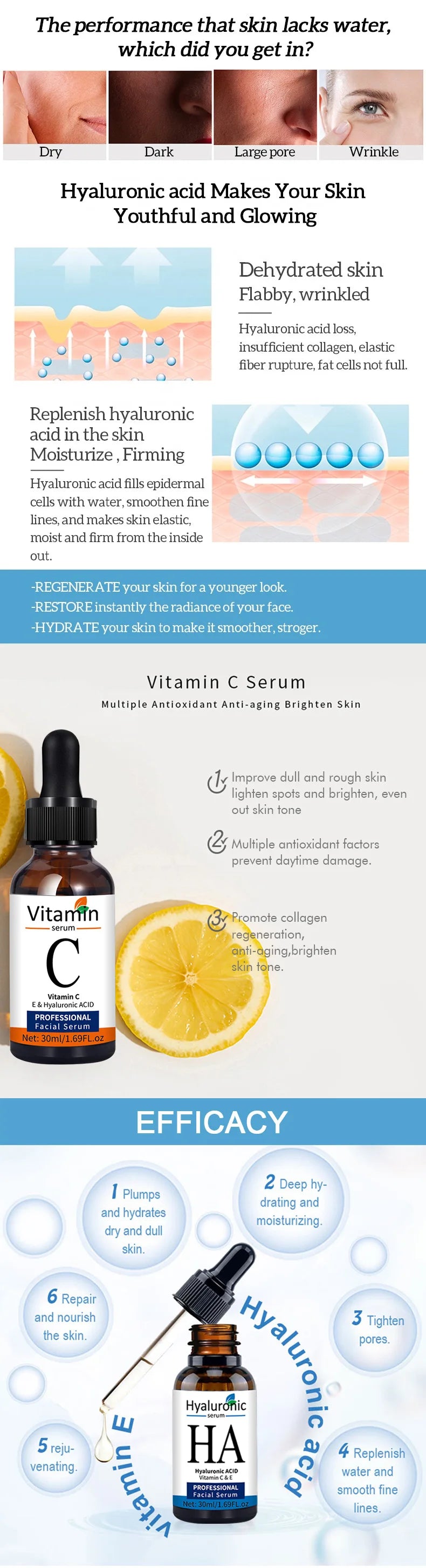 Facial Serums Skin Care Set Vitamin C Hyaluronic Acid Retinol Serum for Face Firms Tightens Serum Brightening Hydrating Face Se
