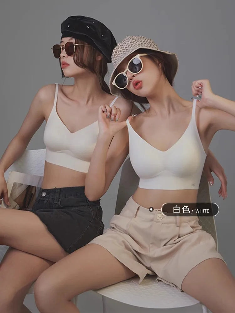 Girl's seamless backless bra with no steel ring small chest gathered on top thick chest cushion bra vest style sexy back bra