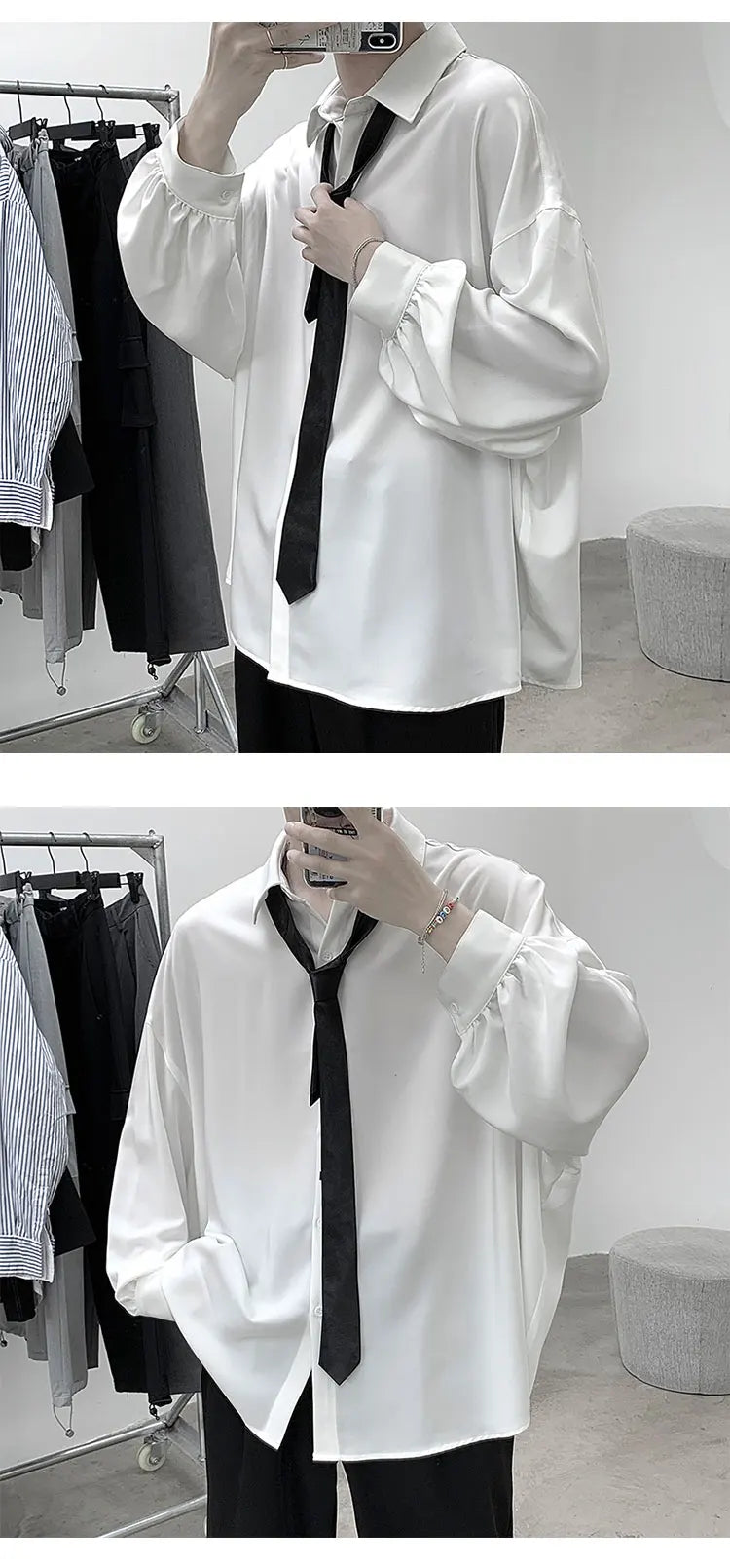 Free Black Tie Long-sleeved Shirts Men Korean Comfortable Blouses Casual Loose Single Breasted Shirt Mens Tshirt