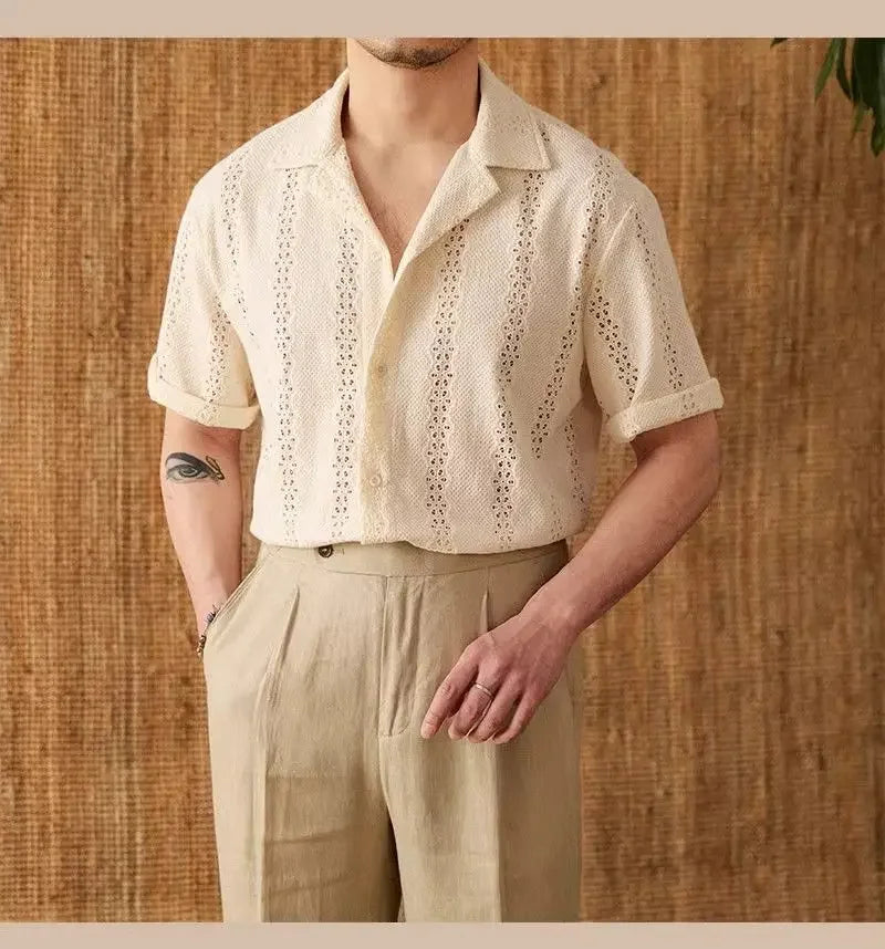 Summer Thin Jacket Short-sleeved Shirt Mature Hollow Versatile Vacation Cuban Collar Casual Shirt Men