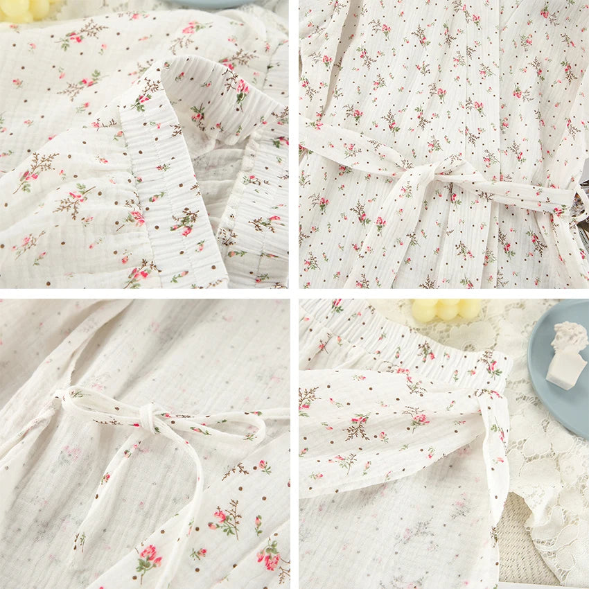 Women's Pajamas With Belt Casual Long-sleeved Shorts Pants Sleepwear Pyjama Nightwear Home Wear