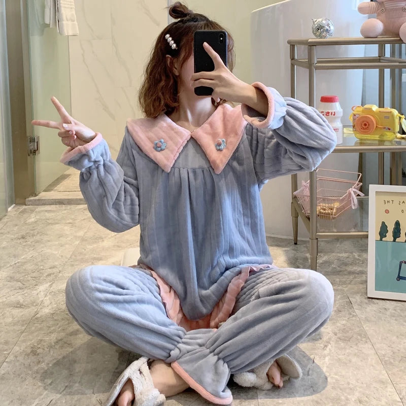 Pajamas Set Women Cute Bunny Coral Fleece Warm Sleepwear Home Clothes Girls Kawaii Cartoon Pijama 2 Piece