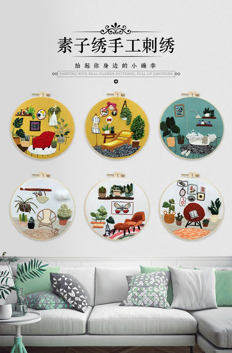 DIY Embroidery Kits Beginner Handmade Needlework Crafts Set Embroidery Hoop Fancywork Sewing Needle Cross Stitch Decor Painting